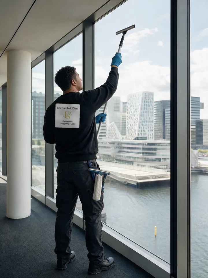 Illustrasjon: Reynel fra FeService vasker vinduer med utsikt mot Bjørvika i Oslo